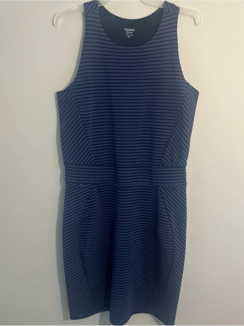 Toad&Co Navy and Black Striped Sleeveless Midi Dress with Waist Paneling